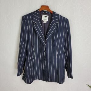 Vintage Avant‎ Garde Silk Jacket Womens 44 Navy Blue Pin Striped Italian Minimal